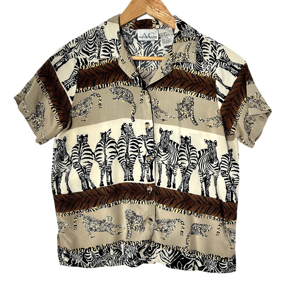 American Collection Vintage Brown Safari Animal Print Short Sleeve Size PS